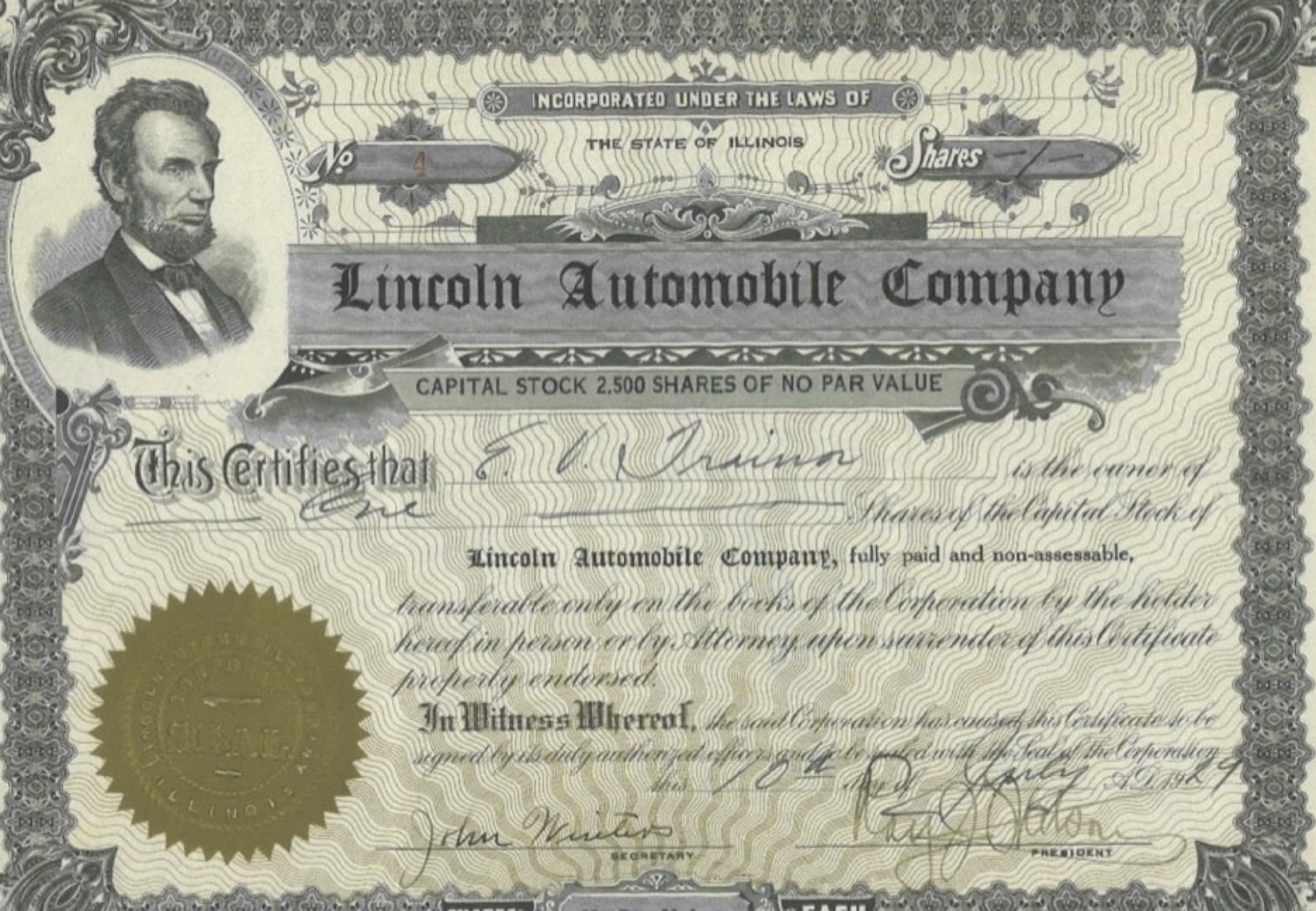 Lincoln Automobile Company stock certificates, 1929